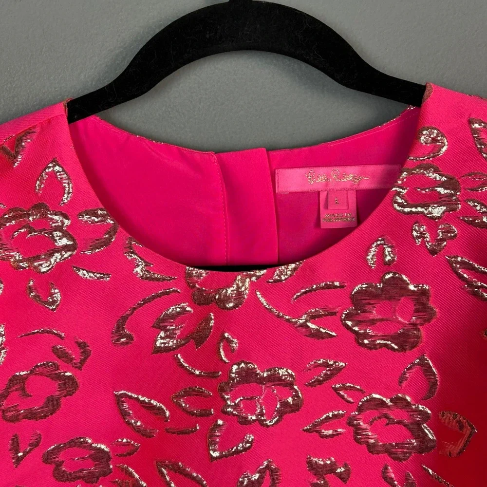 Lilly Pulitzer‎ top Large Pratt Hot Pink Gold Brocade Puff Sleeve Colorful Glam